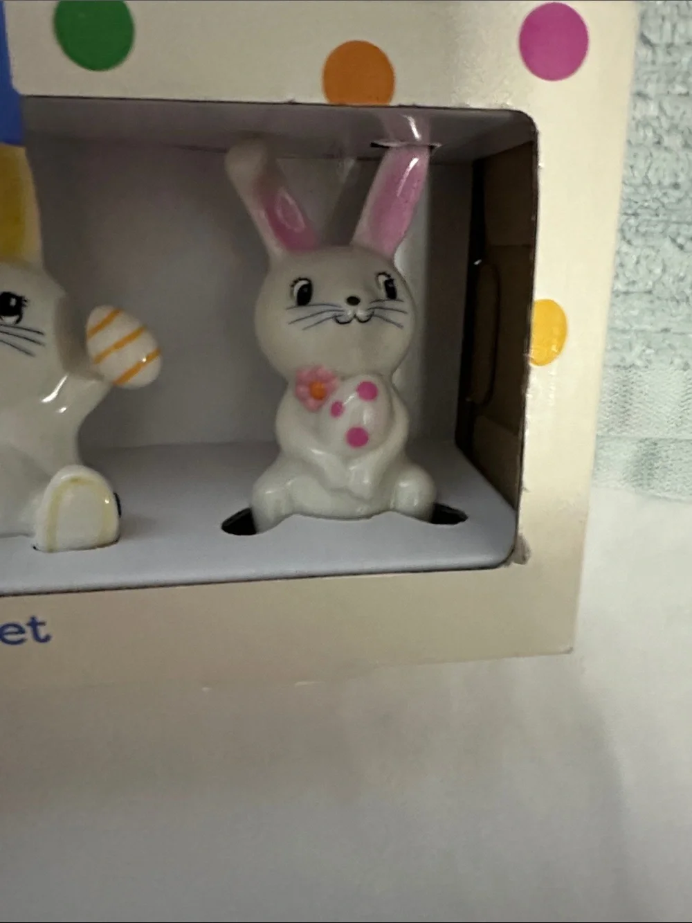 Spritz White Ceramic Bunny Decor Set with Green, Yellow and Pink Accents NWT